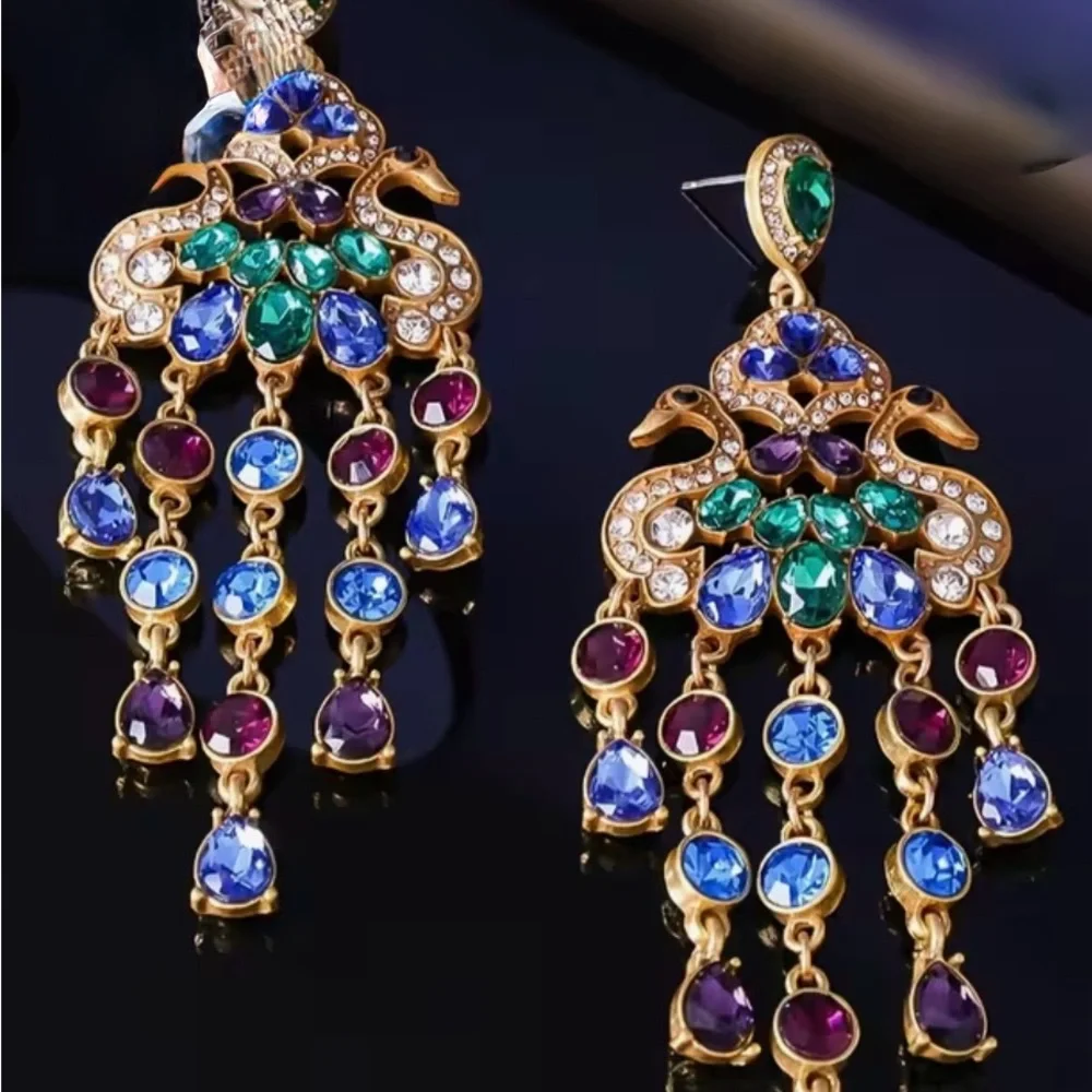 Elegant Gold and Jewel-Toned Peacock chandelier earrings